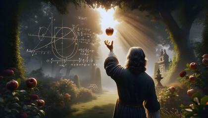 Gravity concept. A silhouette man in 17th Century clothing catching an apple from tree in garden, with scientific formulas in background - obrazy, fototapety, plakaty
