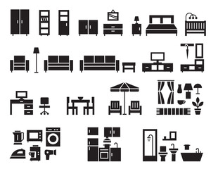 Furniture silhouette icons vector illustration set 1