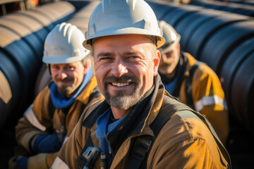 Workers with protective helmets and smiling while working on new pipeline at construction site.