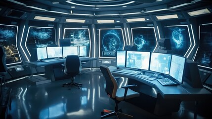 Interior of command center with control room and screens computers. - obrazy, fototapety, plakaty