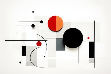 Minimalist geometric art with a black circle, red circle, black square, curves, and lines on a white background, showcasing abstract elegance.