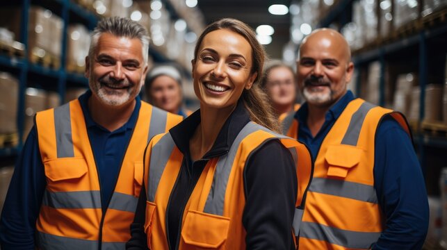 Diverse people teamwork, Happy volunteer are posing and smiling during work in a warehouse.