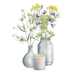 Watercolor tansy and bluebell. Yellow and blue field flower. White stellaria. Bouquet in glass vase composition with candle. Hand drawn illustration isolated on white background. Botanical wildflower