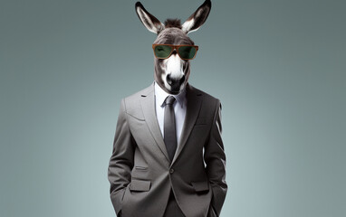 donkey animal in the form of a man in a suit and sunglasses, a joke on the boss, director, generative ai
