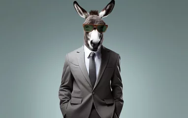 Deurstickers donkey animal in the form of a man in a suit and sunglasses, a joke on the boss, director, generative ai © vladischern