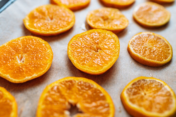 tangerine orange slice on baking sheet
