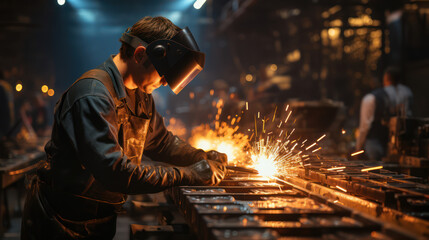 An iron worker in a mask is welding iron in a factory