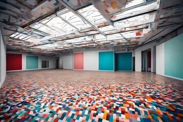 A big empty room with colorful floor 