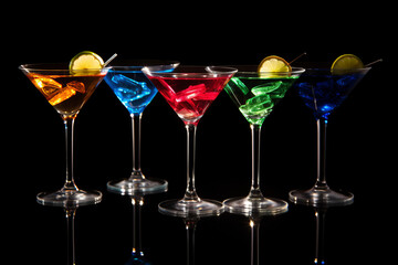 Cocktails assortment served on dark background. Classic drink menu concept. Copy space, panorama