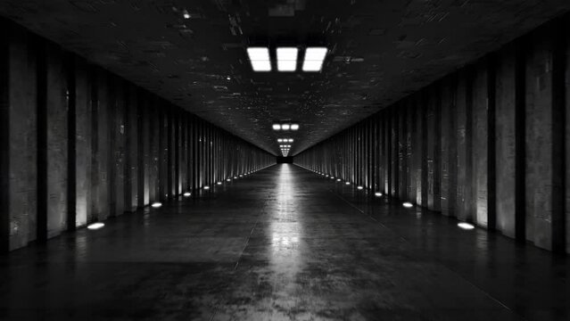Seamless camera movement along a concrete corridor with LED lights on the ceiling. Dark concrete corridor.