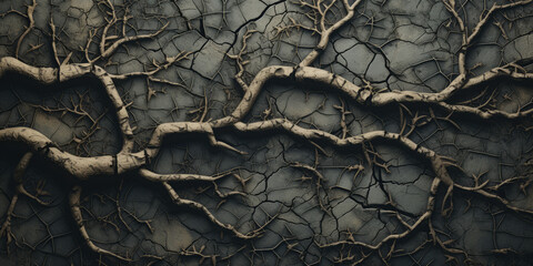 Grey wall covered by roots - obrazy, fototapety, plakaty