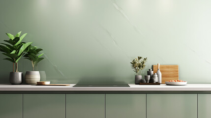 sage green modern kitchen counter white marble counter countertop and sage green cabinets - obrazy, fototapety, plakaty