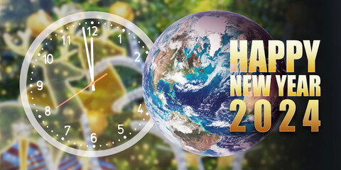 Happy New Year 2024 image of earth and transparent clock show almost midnight time with shiny golden text on blurry holiday background. Earth image furnished by NASA. - 680862819