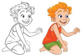 Smiling Cartoon Boy Sitting with Outline for Coloring Pages