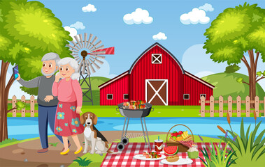 Naklejka premium Elderly Couple Enjoying a Riverside Picnic on a Farmland