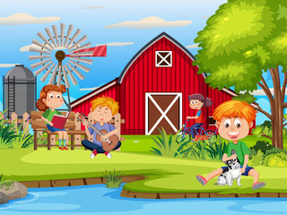 Obraz na płótnie Canvas Outdoor Family at Farm House with River