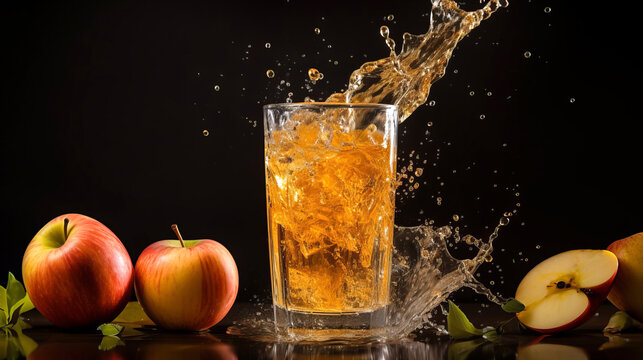 Glass with fresh apple juice or cider with splashes.