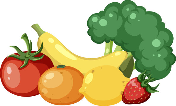 Group of Healthy Foods with Tomato, Orange, Broccoli, Lemon, and Strawberry