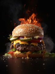 Hamburger on dark background with flaming fire. Created with Generative AI technology