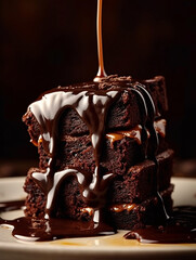 Obraz premium Sweet brownie drizzled with chocolate syrup. Created with Generative AI technology