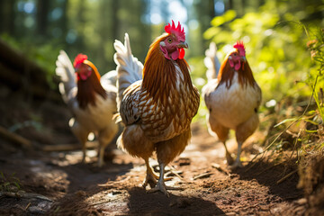 Chickens exploring a lush forest.
