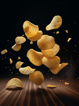Ridged potato chips and seasoning powder floating in above wooden table on dark background. Created with Generative AI technology
