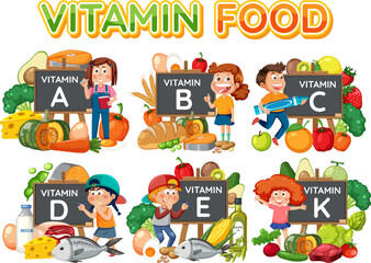 Students Matching Vitamins with Food in Front of Banner