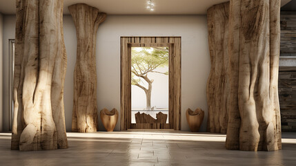 tree trunk columns in rustic interior design of modern house - obrazy, fototapety, plakaty