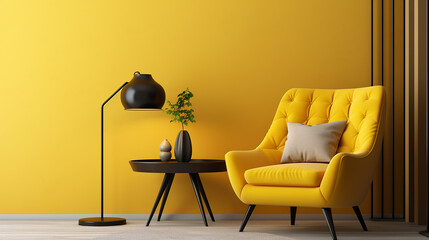 yellow tufted armchair and black coffee table with lamp near yellow wall