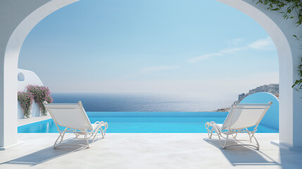 two deck chairs on terrace with pool with stunning sea view