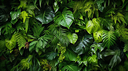 variety of beautiful green fresh tropical lush foliage - obrazy, fototapety, plakaty