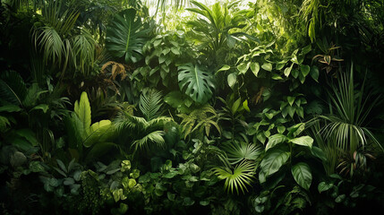variety of beautiful green fresh tropical lush foliage with sunlight - obrazy, fototapety, plakaty