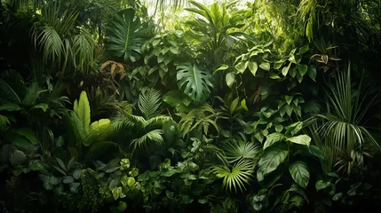 Fotobehang variety of beautiful green fresh tropical lush foliage with sunlight © pjdesign