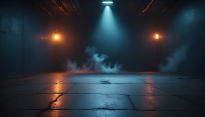 A dark empty street, dark blue background, an empty dark scene, neon light, spotlights The asphalt floor and studio room with smoke float up the interior texture