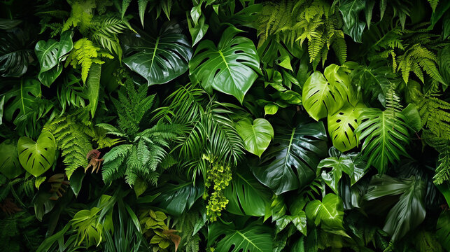 Fototapeta variety of beautiful green fresh tropical lush foliage