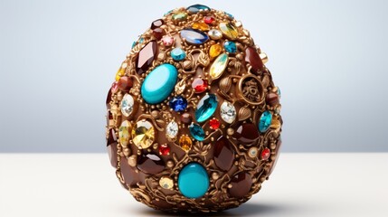 A chocolate Easter egg encrusted with a variety of edible gems and crystals, creating a luxurious, jewel-like appearance
