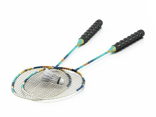 Badminton rackets and shuttlecock isolated on white background. 3D illustration