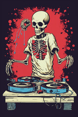 A zombie DJ at a party with a turntable made of bones simple professional t-shirt design AI Generated