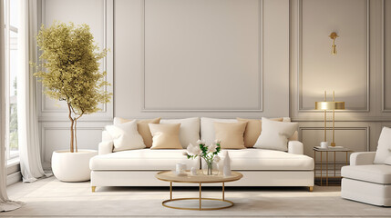 white fabric sofa and brass decor pieces. elegant simple interior design