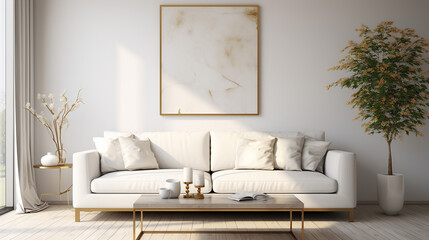 white fabric sofa and brass decor pieces. interior design