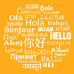 Circular composition of "Hello" messages in world different written languages, White texts on Yellow background