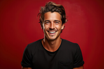 Naklejka premium happy man with long stylish uncombed hair and smiling bearded man on grey background, morning and barbershop fashion.