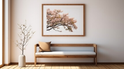 wooden bench and art poster on white wall. simple interior design