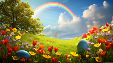 Easter eggs on the grass with a rainbow and flowers.