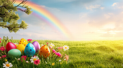 Easter eggs on the grass with a rainbow and flowers.
