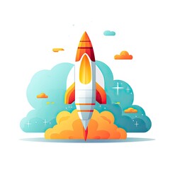 Flat Illustration Depicting a Rocket Launch for Minimalist UI Design.