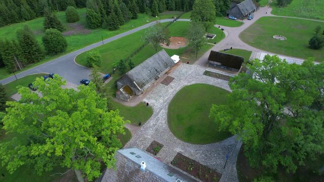 Drone flying over Mulgi Elamuskeskus Taagepera in Estonia