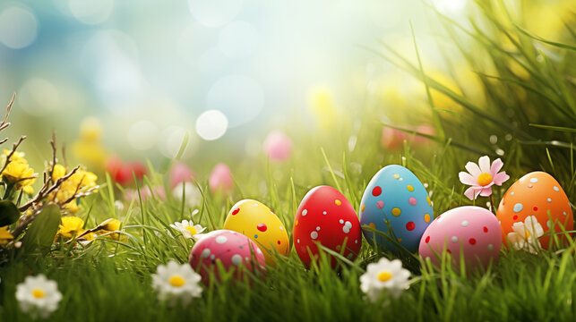 Easter eggs on the grass with flowers.