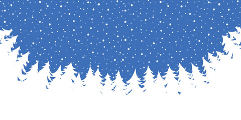 Minimalistic winter landscape, cartoon nature, forest and falling snow, seamless border, vector illustration	