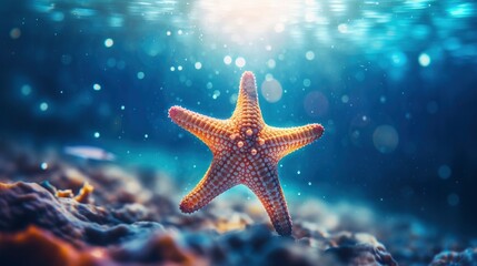 One Starfish in Shallow Seas with Bokeh Background.